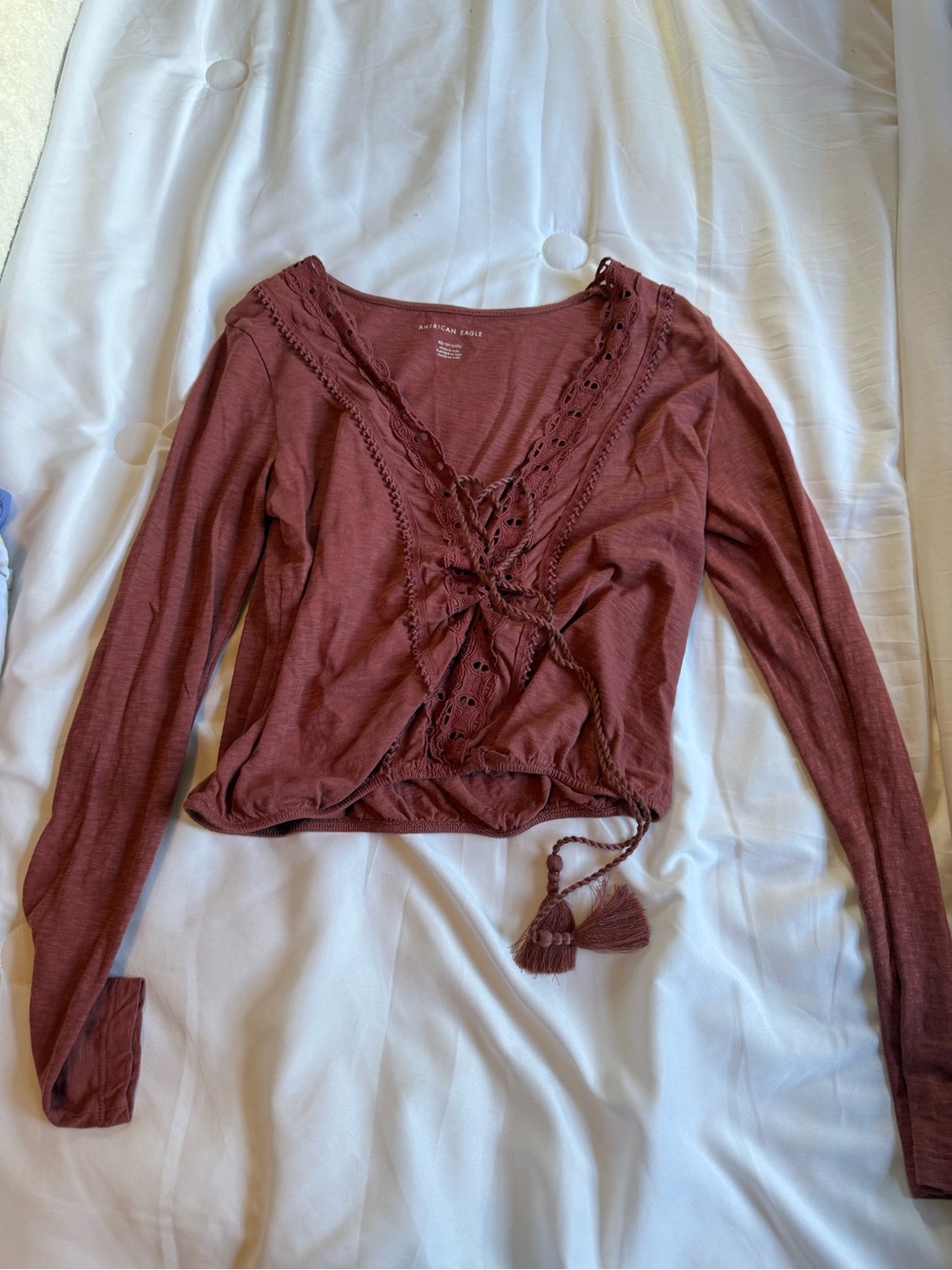 American Eagle Outfitters Mauve-Rust Long Sleeve V-Neck Top with Tassel Tie